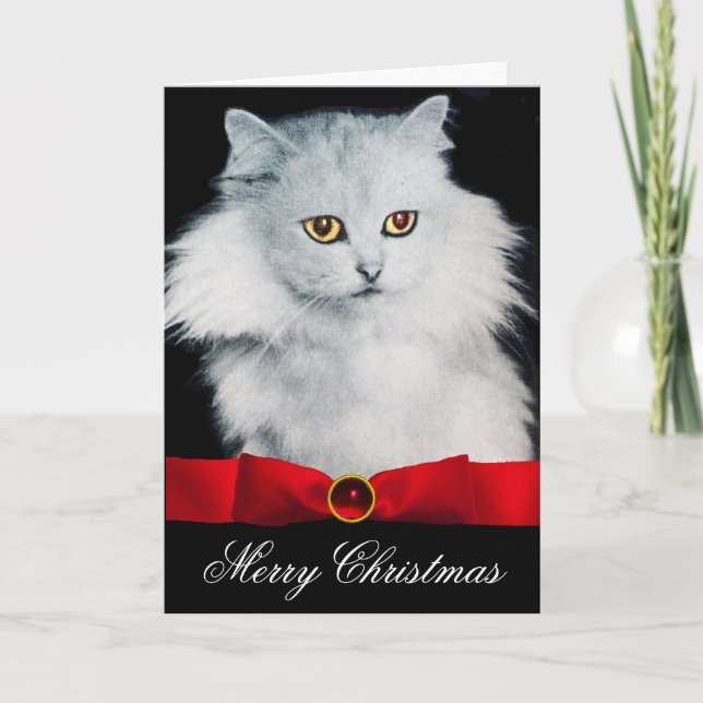 THE QUEEN OF WHITE CATS WTH RED RIBBON HOLIDAY CARD (Front)