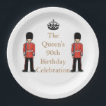 The Queen's 90th Birthday Celebration Paper Plate<br><div class="desc">A special 9 inch paper plate for parties to celebrate the 90th birthday celebrations of the British Monarch,  Queen Elizabeth Second. It depicts the celebration in gold colour words,  two guardsmen and a crown.</div>