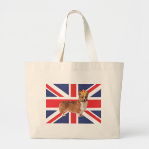 The Queen's Corgi with Crown and Union Jack Large Tote Bag