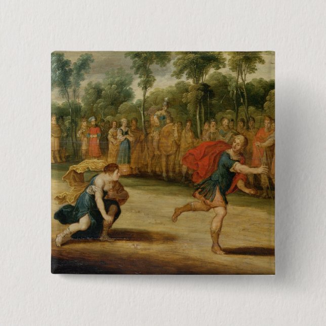 The Race of Atalanta and Hippomenes (oil on panel) 15 Cm Square Badge (Front)