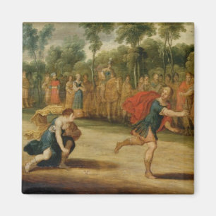 The Race of Atalanta and Hippomenes (oil on panel) Magnet
