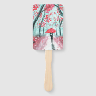 The Rainy Path Human Silhouette with Red Umbrella Hand Fan