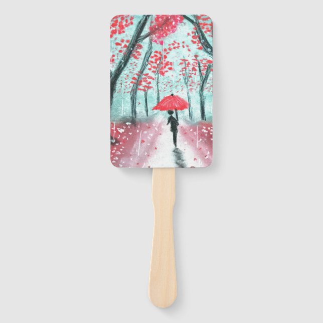 The Rainy Path Human Silhouette with Red Umbrella  Hand Fan (Front)