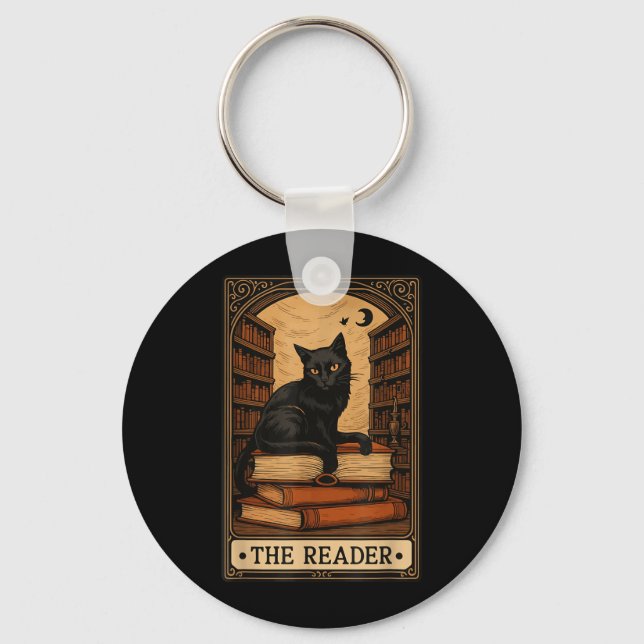 The Reader Black Cat Book Reading Halloween Tarot Key Ring (Front)
