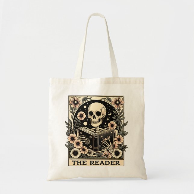 The Reader Skeleton Tarot Card Tote Bag (Front)