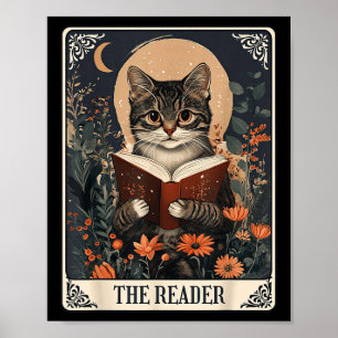 The Reader Tarot Card Cat Reading Book Floral Book Poster
