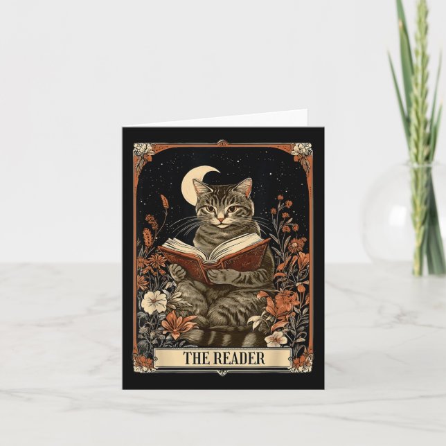 The Reader Tarot Card Cat Reading Book Floral Moon (Front)