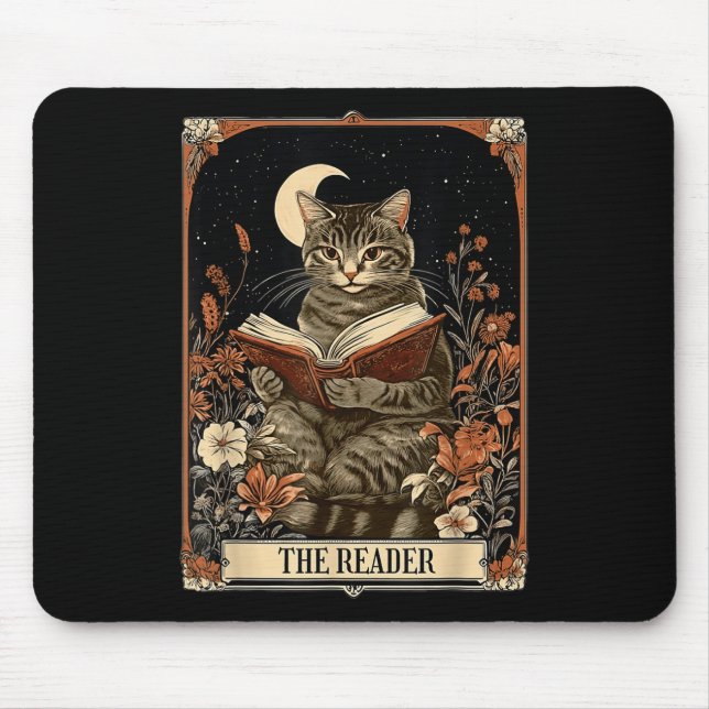 The Reader Tarot Card Cat Reading Book Floral Moon Mouse Pad (Front)