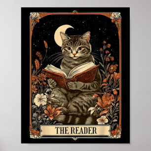 The Reader Tarot Card Cat Reading Book Floral Moon Poster