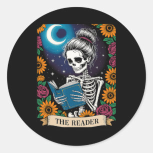 The Reader Tarot Card Funny Book Lover Skeleton Re Classic Round Sticker