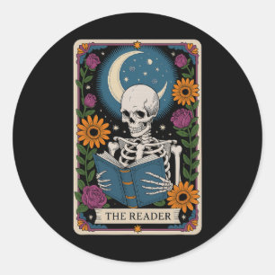 The Reader Tarot Card Skeleton Reading Book Bookwo Classic Round Sticker