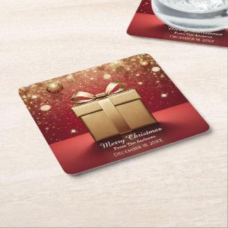 The Real Gift Gold Christmas Present Square Paper Coaster