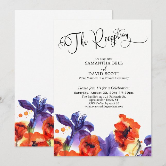"The Reception" Typography Red Poppies Purple Iris Invitation (Front/Back)