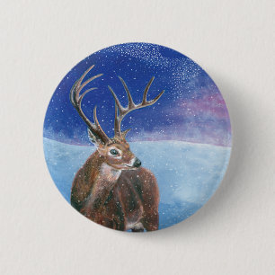 The red Deer Cervus elaphus and Winter Landscape 6 Cm Round Badge