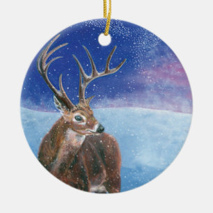 The red Deer Cervus elaphus and Winter Landscape Ceramic Ornament