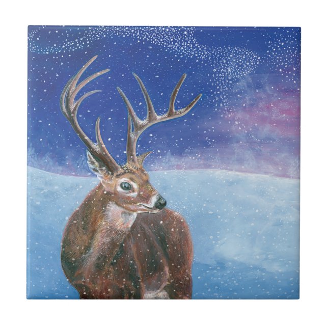 The red Deer Cervus elaphus and Winter Landscape  Ceramic Tile (Front)