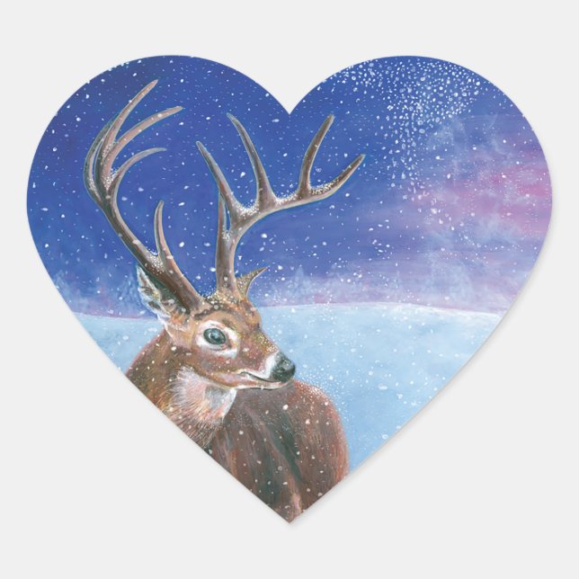 The red Deer Cervus elaphus and Winter Landscape   Heart Sticker (Front)
