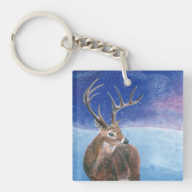 The red Deer Cervus elaphus and Winter Landscape   Key Ring (Front)