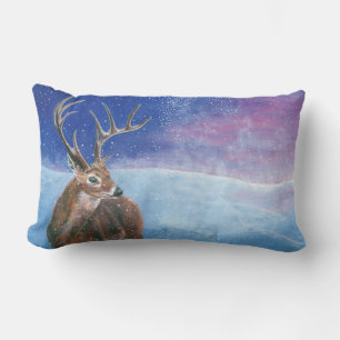 The red Deer Cervus elaphus and Winter Landscape Lumbar Cushion