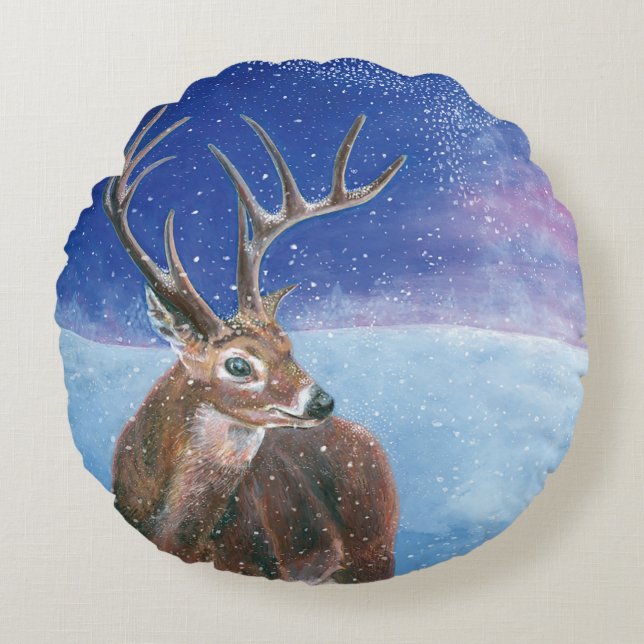 The red Deer Cervus elaphus and Winter Landscape  Round Cushion (Front)