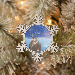 The red Deer Cervus elaphus and Winter Landscape Snowflake Pewter Christmas Ornament