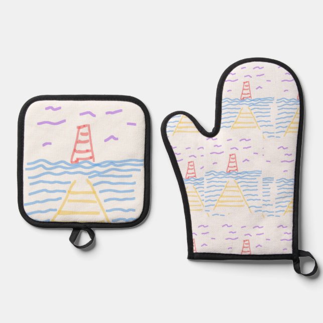 The Red Lighthouse and the Yellow Pier  Oven Mitt & Pot Holder Set (Front)