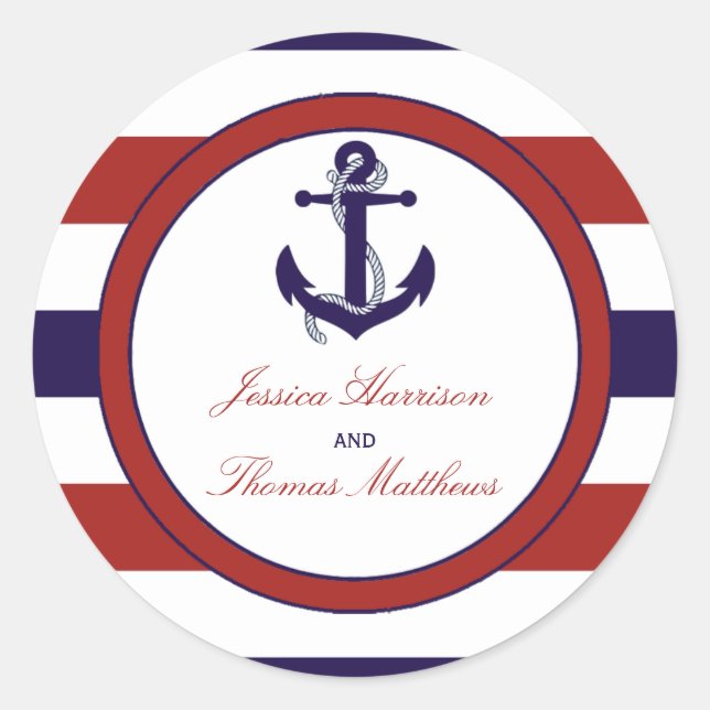 The Red & Navy Nautical Anchor Wedding Collection Classic Round Sticker (Front)