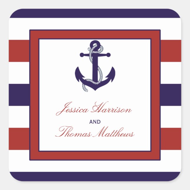 The Red & Navy Nautical Anchor Wedding Collection Square Sticker (Front)