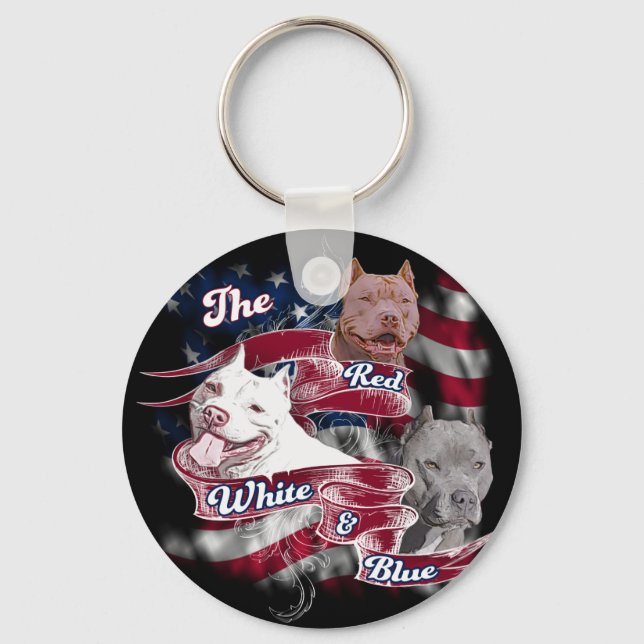 The Red, White & Blue Pitbull Dogs Key Ring (Front)