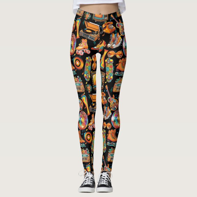 The Retro Beat Patternx4 Black BG Leggings (Front)