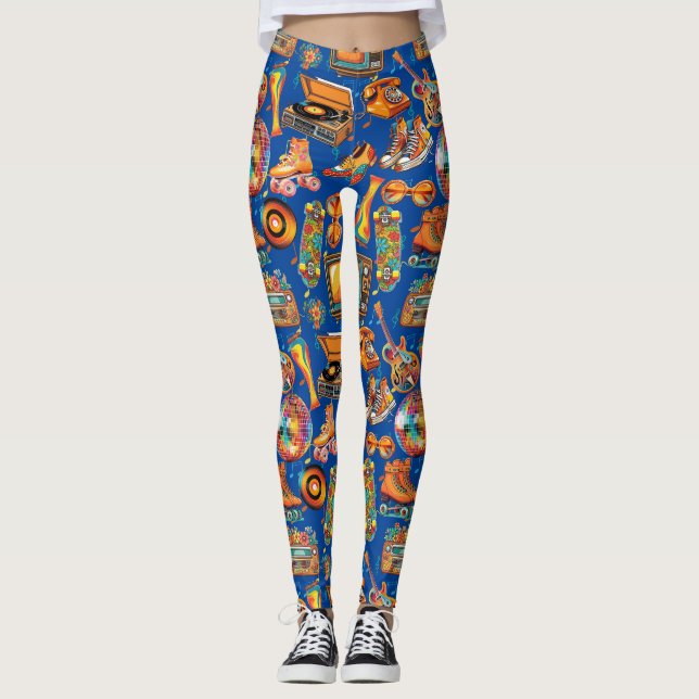 The Retro Beat Patternx4 Blue BG Leggings (Front)