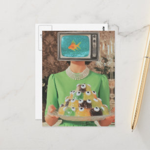 The retro fish eye gelatin dinner woman postcard