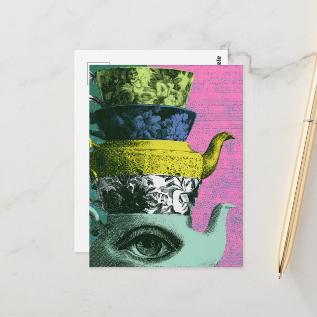 The Retro Teakettle Teacup Stack Postcard (Front/Back In Situ)