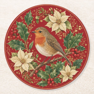 The Robin’s Winter Wreath Round Paper Coaster