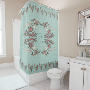 The Romance of Silk w/ Monogram Aqua  Shower Curtain
