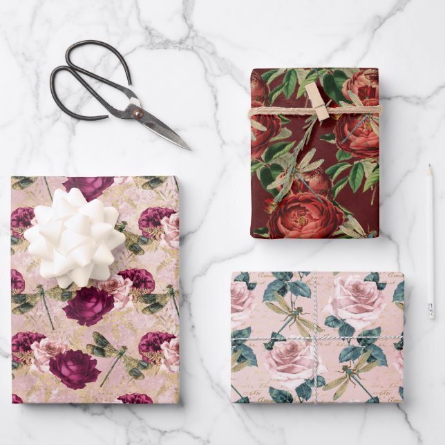 The Rose and Dragonfly Series (Design 2) Wrapping Paper Sheet (Front)
