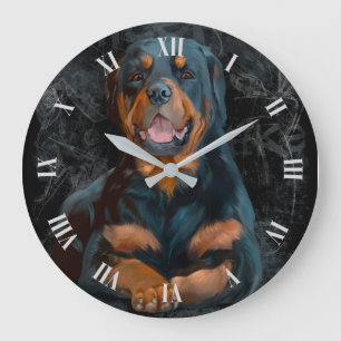The Rottweiler is lying on the floor	 large clock