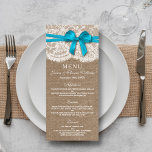 The Rustic Blue Bow Wedding Collection Menu Card<br><div class="desc">The rustic blue bow wedding collection is a stunning design featuring a lovely rustic burlap effect background with a romantic vintage white lace effect trim and a stunning blue bow. These menus can be personalised for your special occasion and would make the perfect template for wedding menus, bridal shower menus,...</div>