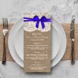 The Rustic Blue Bow Wedding Collection Menu Card<br><div class="desc">The rustic blue bow wedding collection is a stunning design featuring a lovely rustic burlap effect background with a romantic vintage white lace effect trim and a stunning blue bow. These menus can be personalised for your special occasion and would make the perfect template for wedding menus, bridal shower menus,...</div>