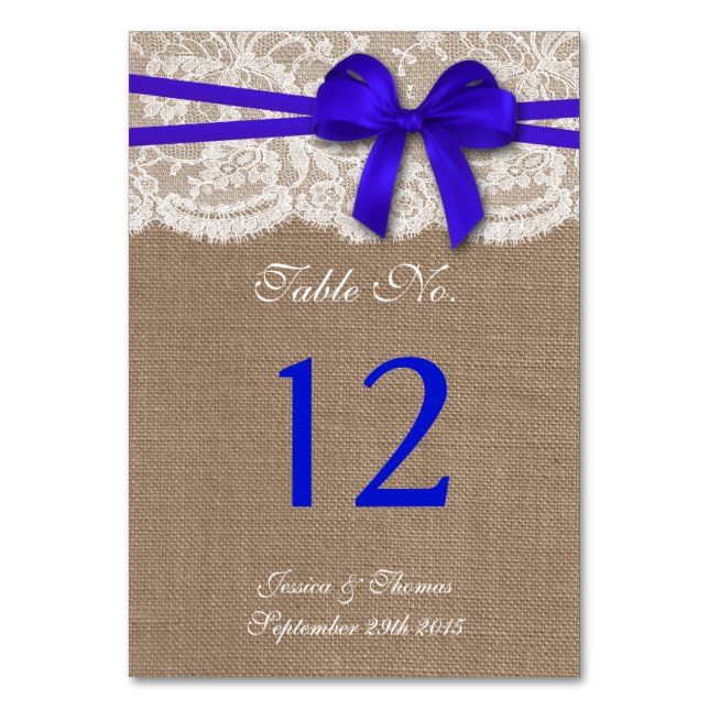 The Rustic Blue Bow Wedding Collection Table Number (Front)