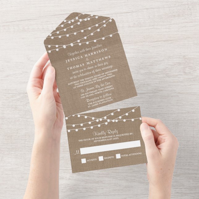 The Rustic Burlap String Lights Wedding Collection All In One Invitation (Tearaway)