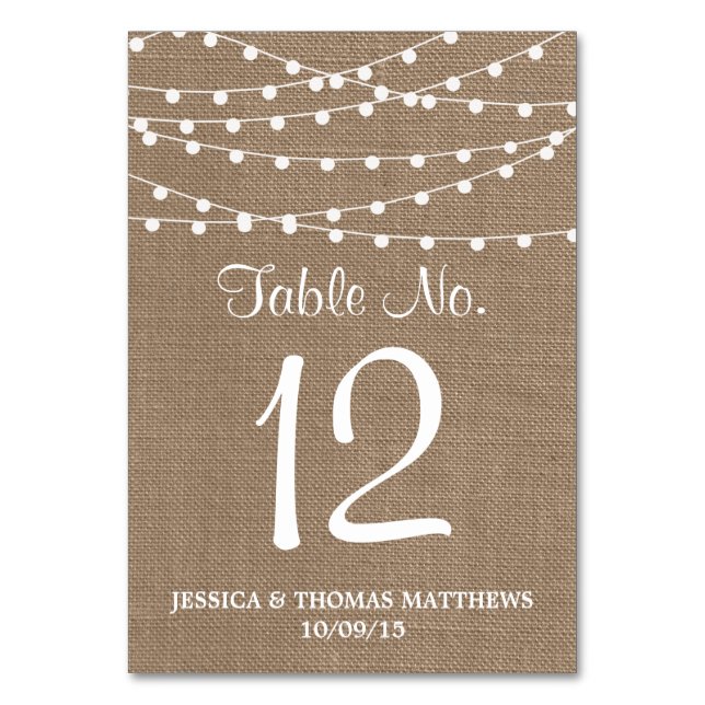 The Rustic Burlap String Lights Wedding Collection Table Number (Front)