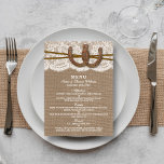 The Rustic Horseshoe Wedding Collection Menu Card<br><div class="desc">The rustic horseshoe collection is a stunning design featuring a lovely rustic burlap effect background with a romantic vintage white lace effect trim finished with two lucky intertwined horseshoes and twine. These menu cards can be personalised for your special occasion and would make the perfect template for a rustic wedding...</div>