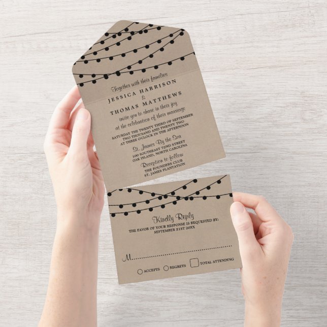 The Rustic Kraft String Lights Wedding Collection All In One Invitation (Tearaway)