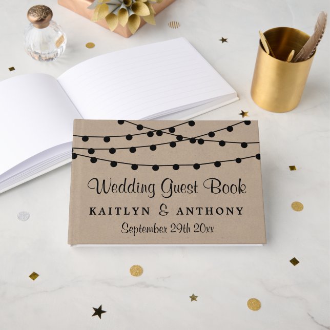 The Rustic Kraft String Lights Wedding Collection Guest Book (Front Open)