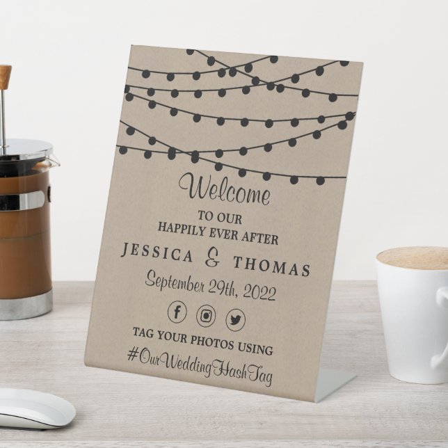 The Rustic Kraft String Lights Wedding Collection Pedestal Sign (In SItu)