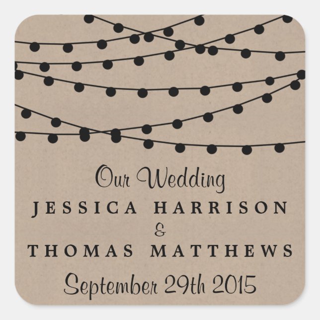 The Rustic Kraft String Lights Wedding Collection Square Sticker (Front)