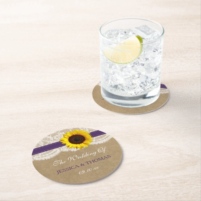 The Rustic Kraft Sunflower Wedding Collection Round Paper Coaster (Insitu)