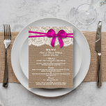 The Rustic Pink Bow Wedding Collection Menu Card<br><div class="desc">The rustic pink bow wedding collection is a stunning design featuring a lovely rustic burlap effect background with a romantic vintage white lace effect trim and a stunning pink bow. These menus can be personalised for your special occasion and would make the perfect template for wedding menus, bridal shower menus,...</div>