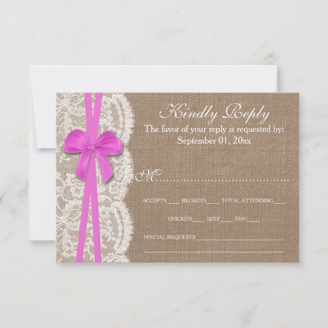 The Rustic Pink Bow Wedding Collection RSVP Card (Front)
